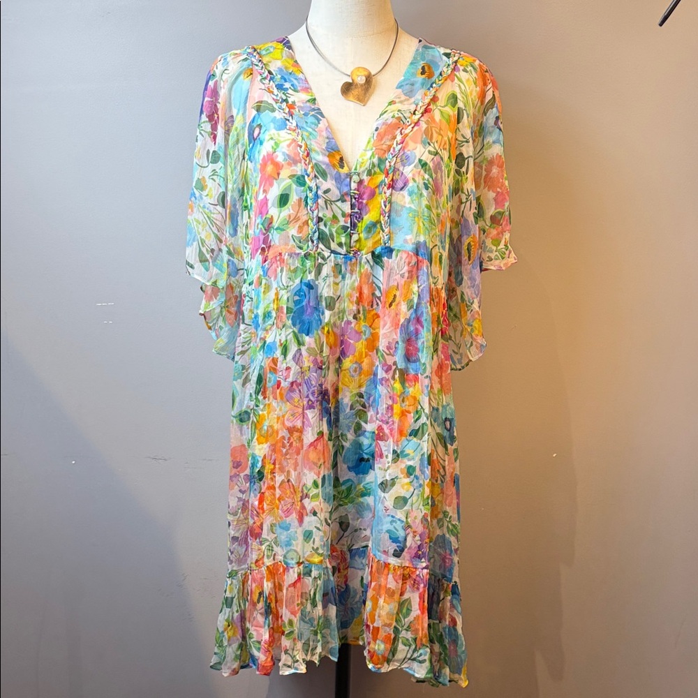 Johnny Was Silk Floral Mini Dress Boho Ruffle Hem Slip Lined Size M - Picture 2 of 8